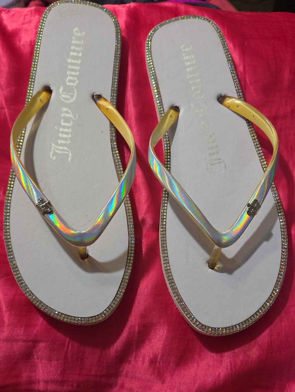 Juicy Couture Silver Flip Flops with Iridescent Straps and Rhinestone Trim